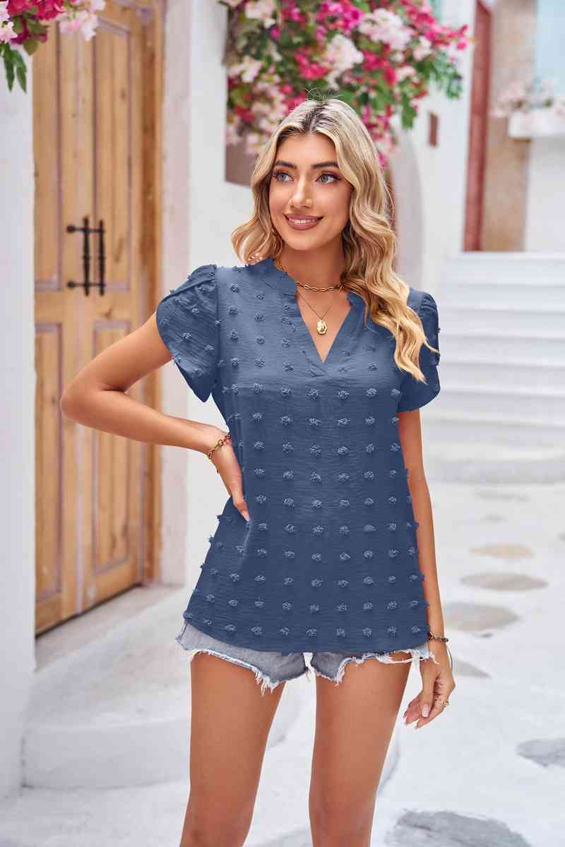 Swiss Dot Petal Sleeve Notched Top (6 Colors)  Krazy Heart Designs Boutique French Blue S 