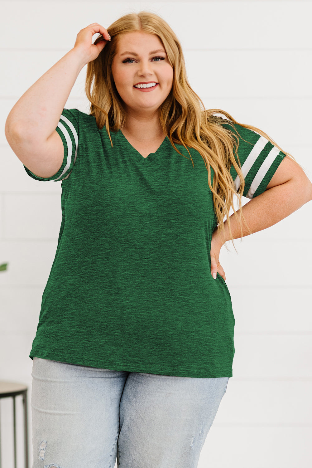 Plus Size Striped V-Neck Tee Shirt (10 Colors)  Krazy Heart Designs Boutique Forest 1X 