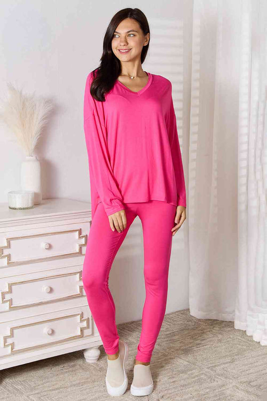 Basic Bae Full Size V-Neck Soft Rayon Long Sleeve Top and Pants Lounge Set (5 Colors) Loungewear Krazy Heart Designs Boutique Hot Pink S 