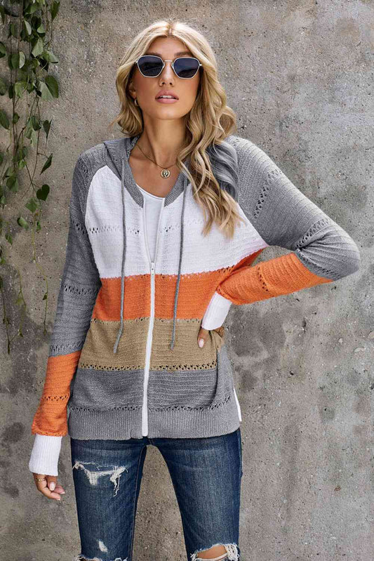 Zip-Up Raglan Sleeve Openwork Hooded Cardigan (7 Colors)  Krazy Heart Designs Boutique   