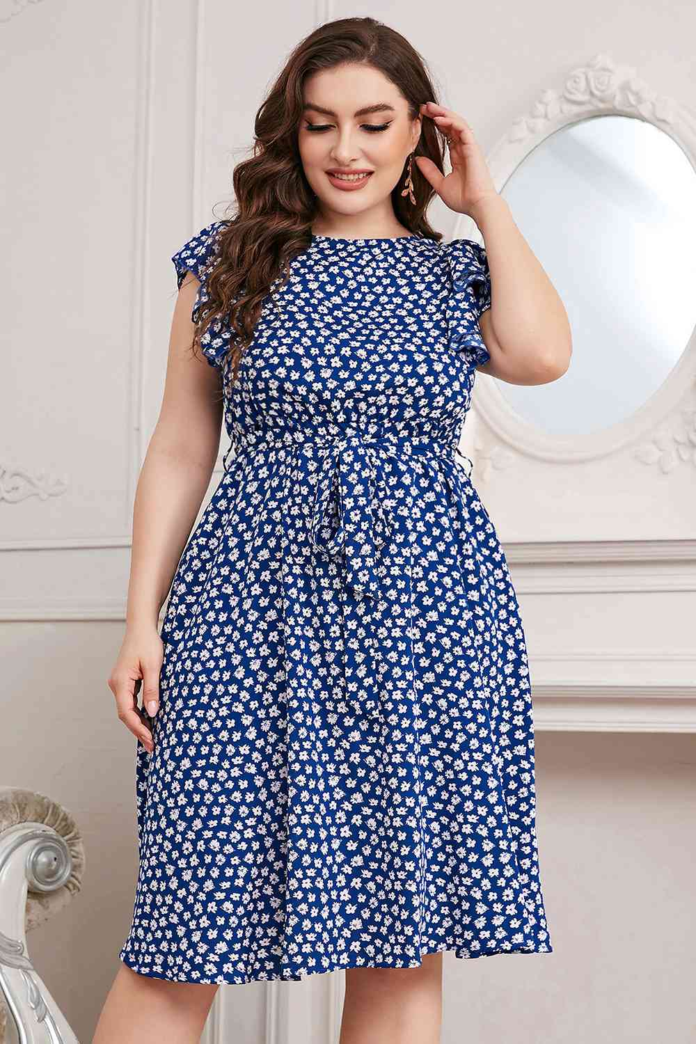 Plus Size All Over Print Round Neck Tie Waist Dress  Krazy Heart Designs Boutique   