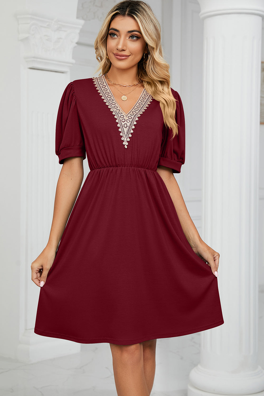 V-Neck Puff Sleeve Dress (8 Colors) Dress Krazy Heart Designs Boutique Wine S 
