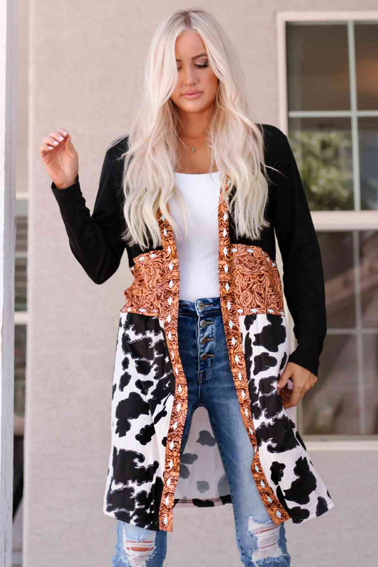 Color Block & Animal Print Open Front Cardigan  Krazy Heart Designs Boutique Black S 