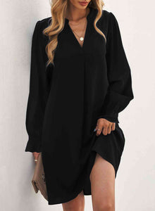 Long Puff Sleeve Notched Neck Dress (2 Colors)  Krazy Heart Designs Boutique Black S 