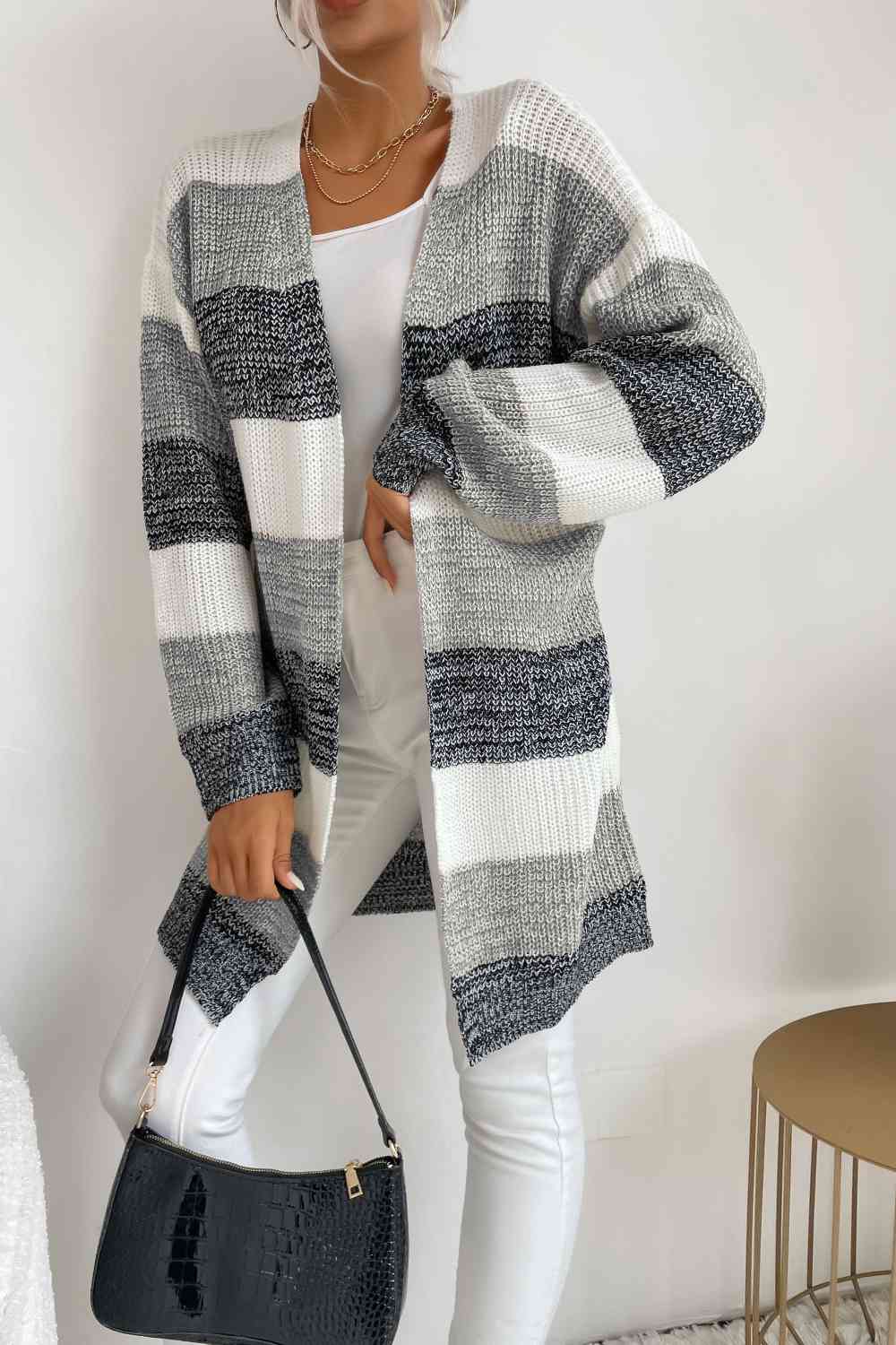 Striped Long Sleeve Duster Cardigan (5 Colors)  Krazy Heart Designs Boutique Gray/Dark Gray/White S 