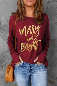 MERRY AND BRIGHT Graphic Long Sleeve T-Shirt  Krazy Heart Designs Boutique Wine S 