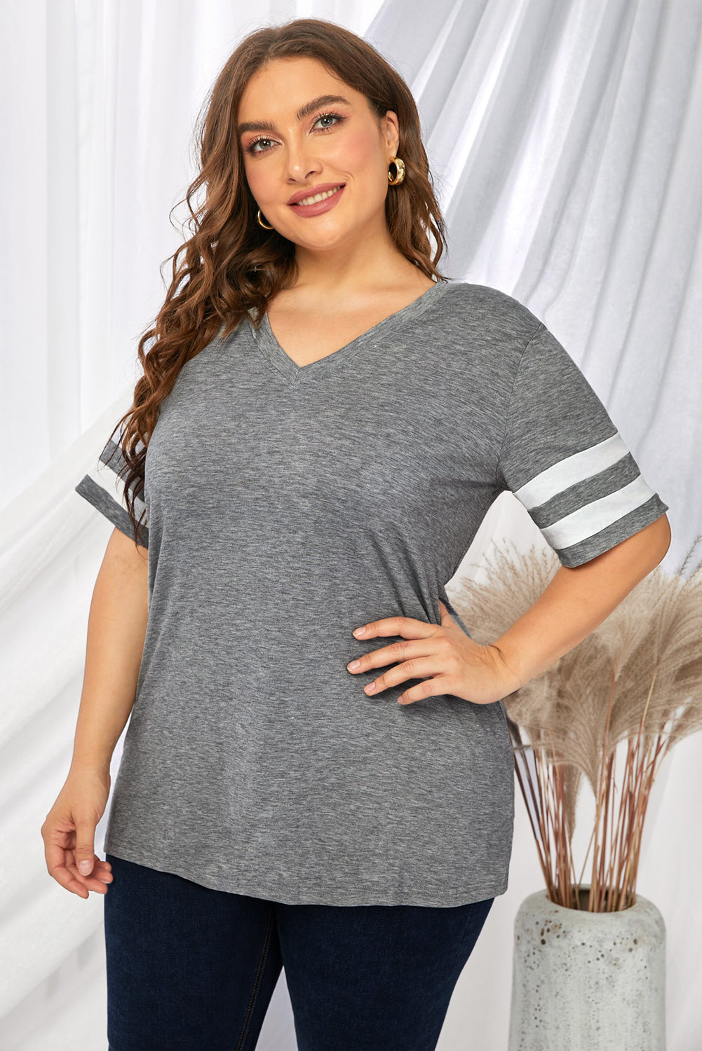 Plus Size Striped V-Neck Tee Shirt (10 Colors)  Krazy Heart Designs Boutique   