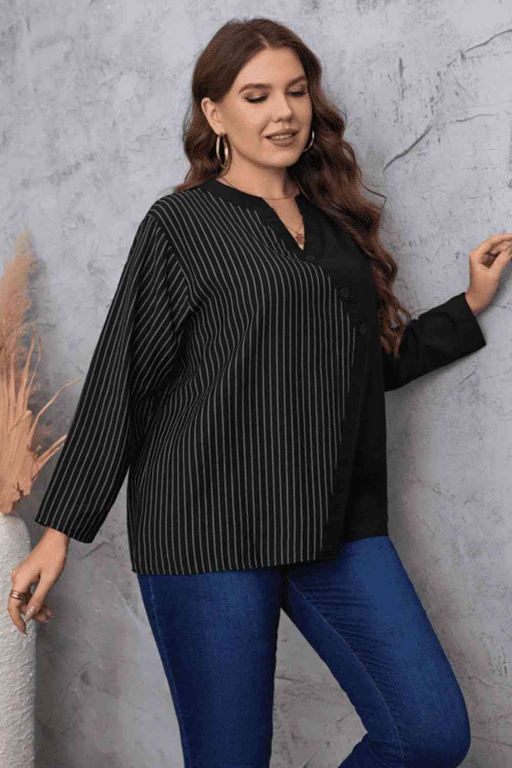 Plus Size Striped Notched Neck Top (2 Colors) Shirts & Tops Krazy Heart Designs Boutique   