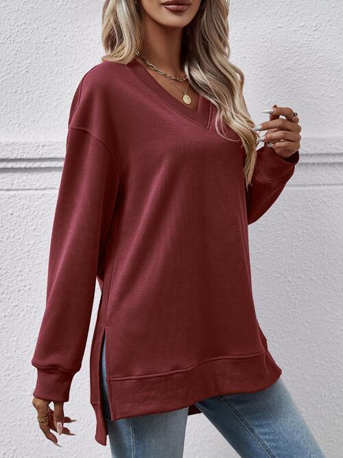 V-Neck Slit Long Sleeve Sweatshirt (9 Colors) Shirts & Tops Krazy Heart Designs Boutique Wine S 
