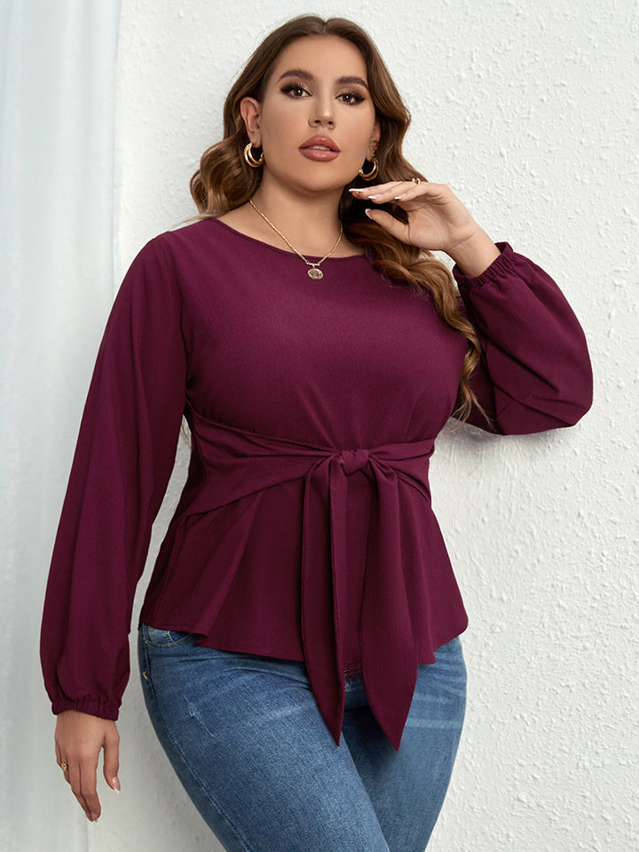 Plus Size Round Neck Tie Waist Long Sleeve Blouse  Krazy Heart Designs Boutique   