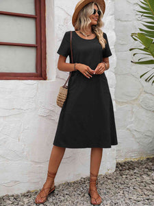 Round Neck Short Sleeve Dress with Pockets (4 Colors) Dress Krazy Heart Designs Boutique Black S 