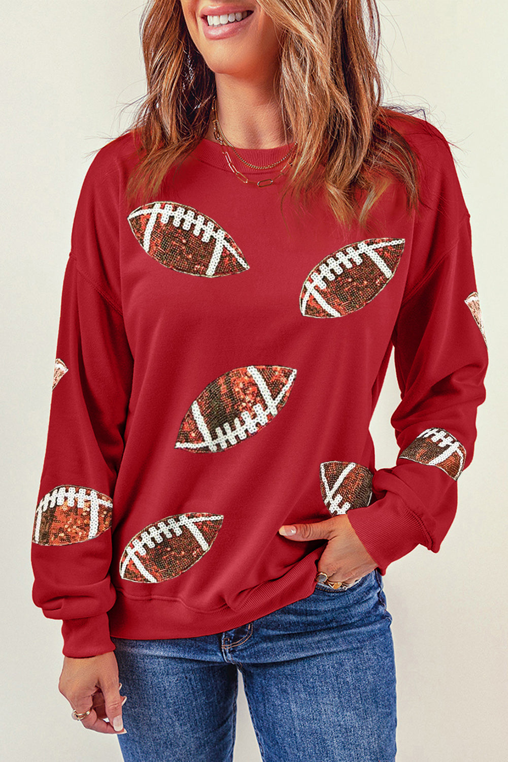 Sequin Football Patch Sweatshirt (2 Colors)  Krazy Heart Designs Boutique Deep Red S 