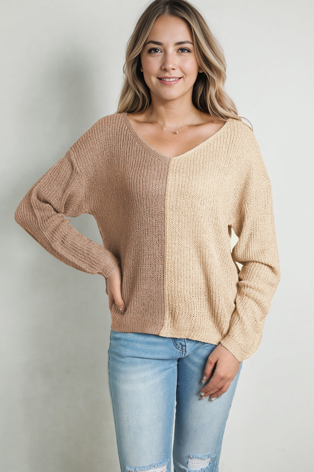 KHD Contrast Color V-Neck Long Sleeve Pullover Sweater (3 Colors)  Krazy Heart Designs Boutique Camel S 
