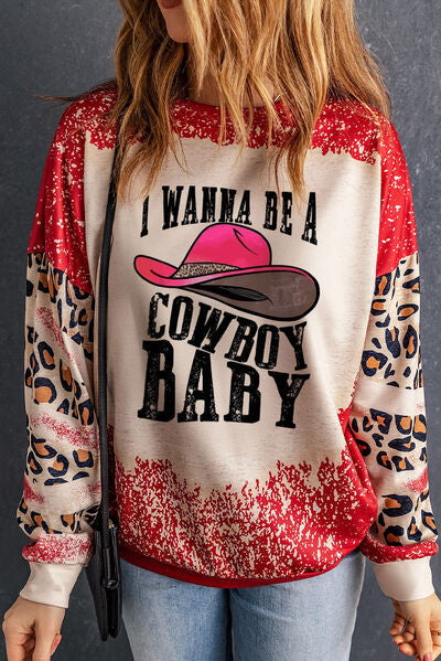 I WANNA BE A COWBOY BABY Leopard Print Round Neck Sweatshirt Shirts & Tops Krazy Heart Designs Boutique Deep Red S 