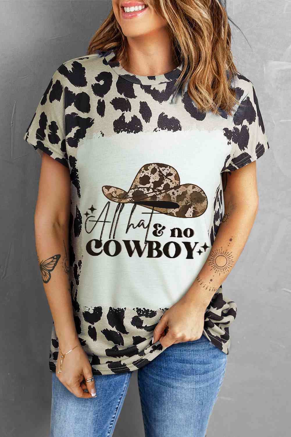 Round Neck Short Sleeve Leopard Print ALL HATS NO COWBOY Graphic Tee Shirts & Tops Krazy Heart Designs Boutique Leopard S 