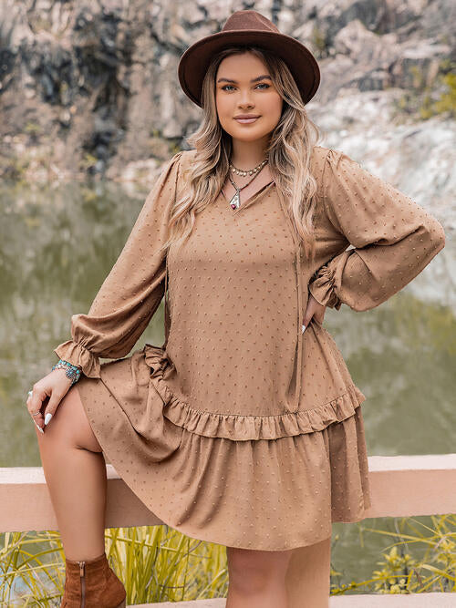 Plus Size Dot Flounce Sleeve Mini Dress Dress Krazy Heart Designs Boutique Tan 0XL 