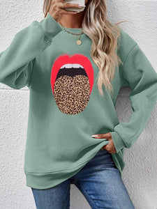 Leopard Lip Graphic Round Neck Sweatshirt (9 Colors) Shirts & Tops Krazy Heart Designs Boutique Sage S 