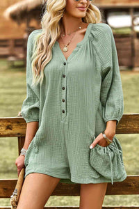 Textured Notched Neck Romper with Pockets (4 Colors)  Krazy Heart Designs Boutique Light Green S 