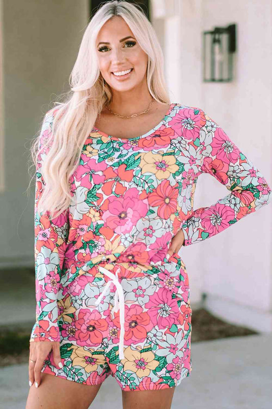 Floral Round Neck Top and Drawstring Shorts Lounge Set Loungewear Krazy Heart Designs Boutique Fuchsia Pink S 