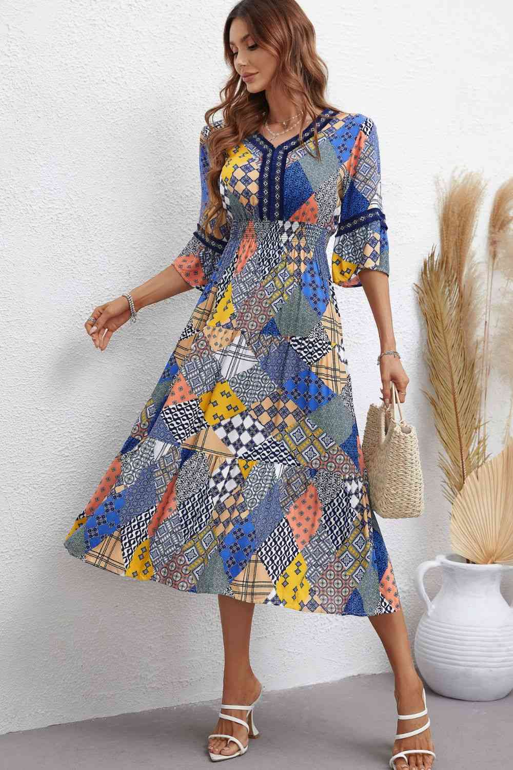 Patchwork V-Neck Tiered Midi Dress  Krazy Heart Designs Boutique   