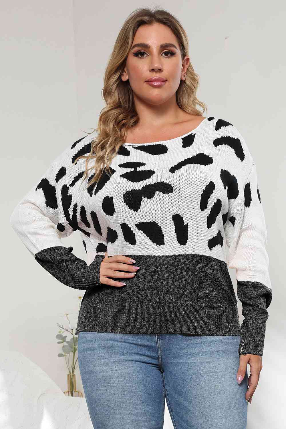 Plus Size Leopard Round Neck Long Sleeve Sweater (3 Colors)  Krazy Heart Designs Boutique Black L 