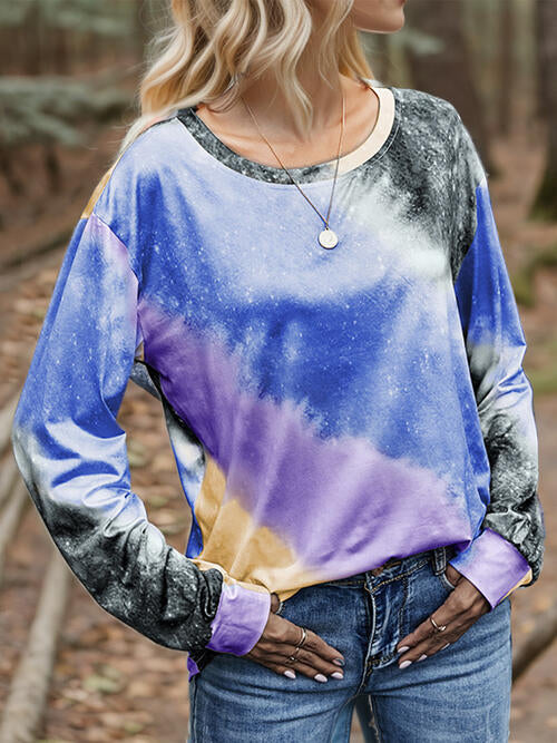 Tie Dye Round Neck Long Sleeve T-Shirt (2 Colors) Shirts & Tops Krazy Heart Designs Boutique Dusty  Blue S 