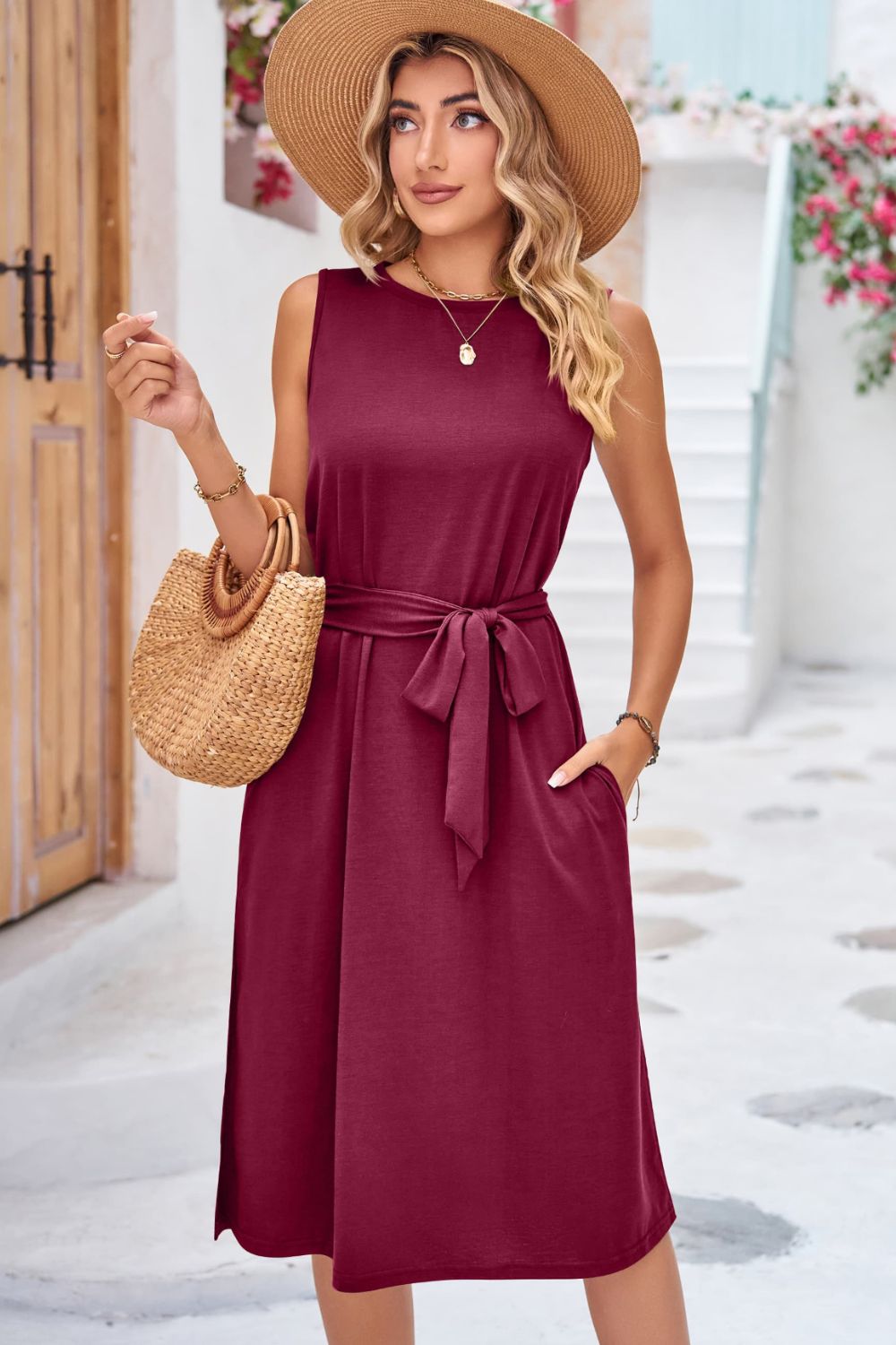 Round Neck Tie Belt Sleeveless Dress with Pockets (7 Colors)  Krazy Heart Designs Boutique   