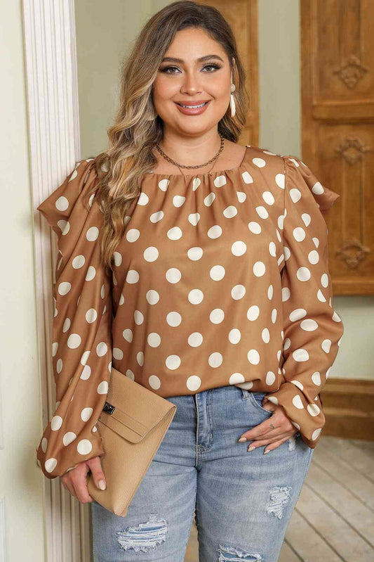 Plus Size Polka Dot Long Sleeve Blouse Shirts & Tops Krazy Heart Designs Boutique Khaki 1XL 