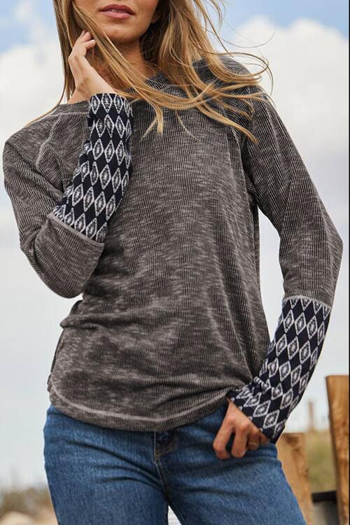 Geometric Round Neck Long Sleeve Top Shirts & Tops Krazy Heart DesignsBoutique Charcoal S 