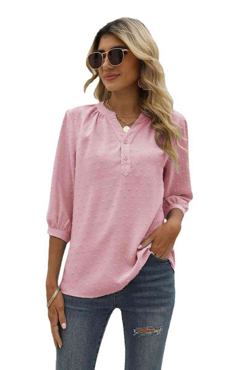 Swiss Dot Notched Neck Three-Quarter Sleeve Blouse (9 Colors)  Krazy Heart Designs Boutique   