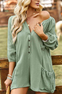 Textured Notched Neck Romper with Pockets (4 Colors)  Krazy Heart Designs Boutique   