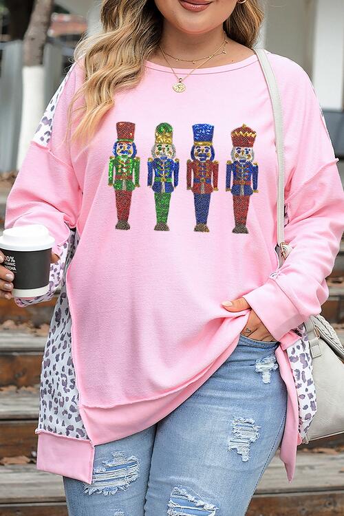 Plus Size Sequin Nutcracker Leopard Print Exposed Seam Sweatshirt Shirts & Tops Krazy Heart Designs Boutique Carnation Pink 1XL 