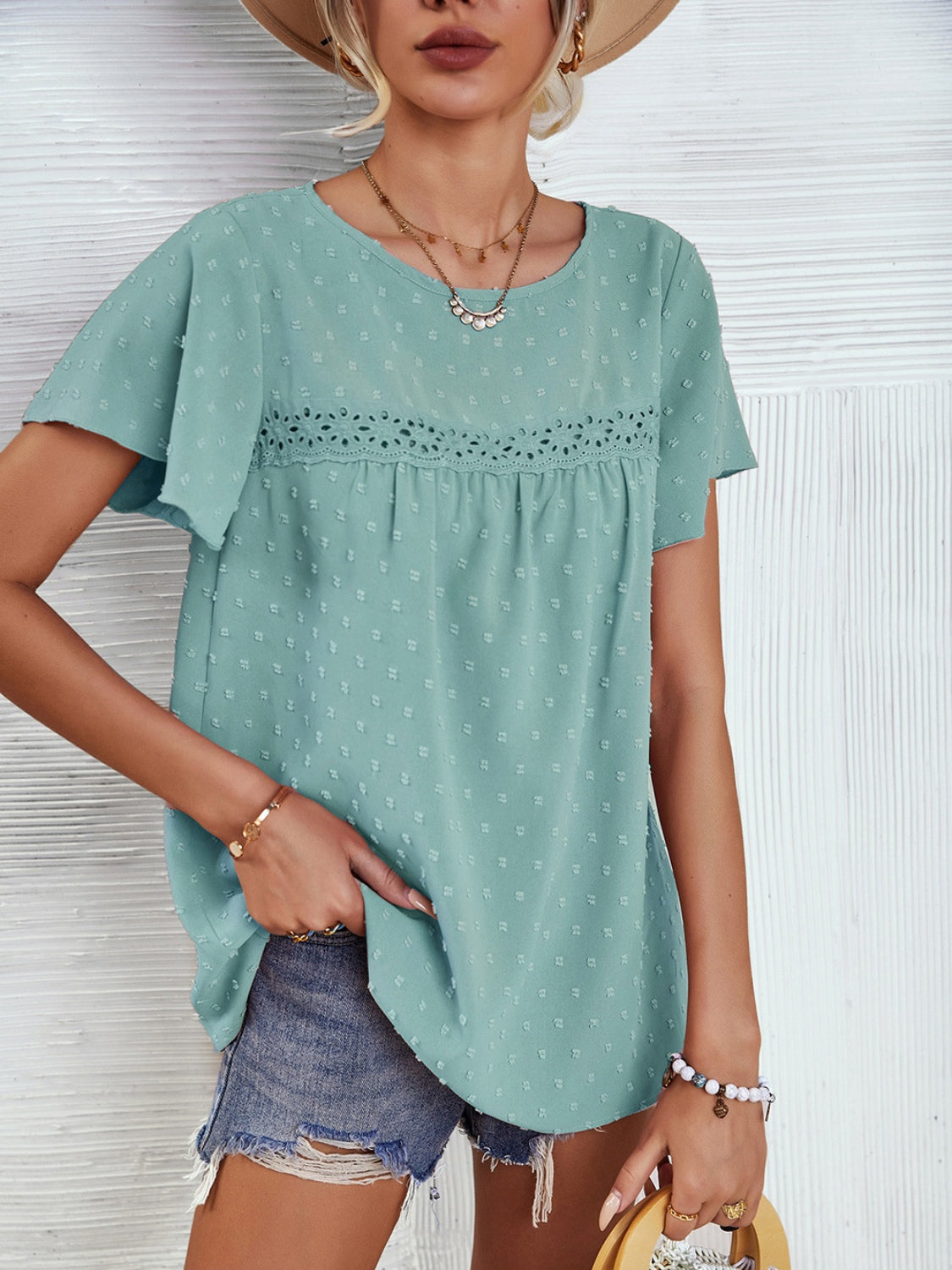 Lace Detail Swiss Dot Short Sleeve Blouse (2 Colors) Shirts & Tops Krazy Heart Designs Boutique   