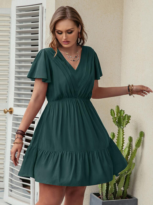 Double Take Plus Size Ruffle Hem V-Neck Short Sleeve Dress (4 Colors)  Krazy Heart Designs Boutique Green 0XL 