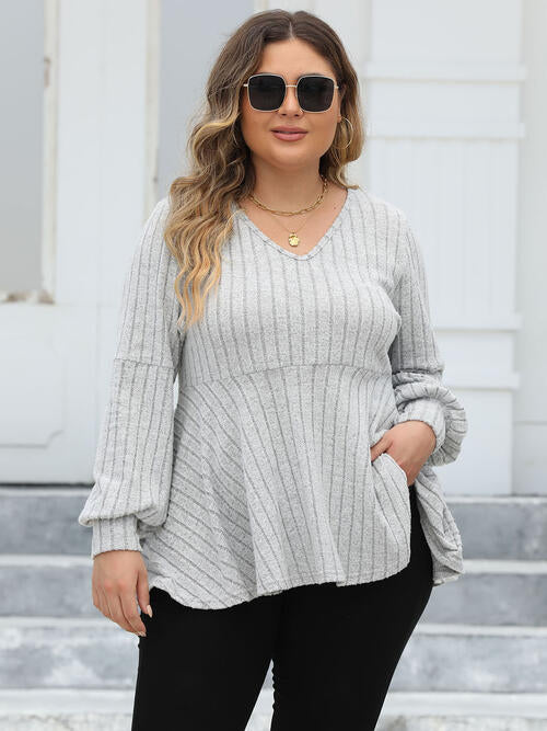 Plus Size Ribbed V-Neck Long Sleeve Blouse (4 Colors) Shirts & Tops Krazy Heart Designs Boutique Light Gray L 