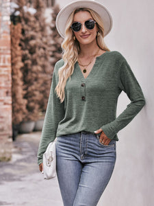 Double Take Buttoned Notched Neck Long Sleeve Top (6 Colors)  Krazy Heart Designs Boutique   