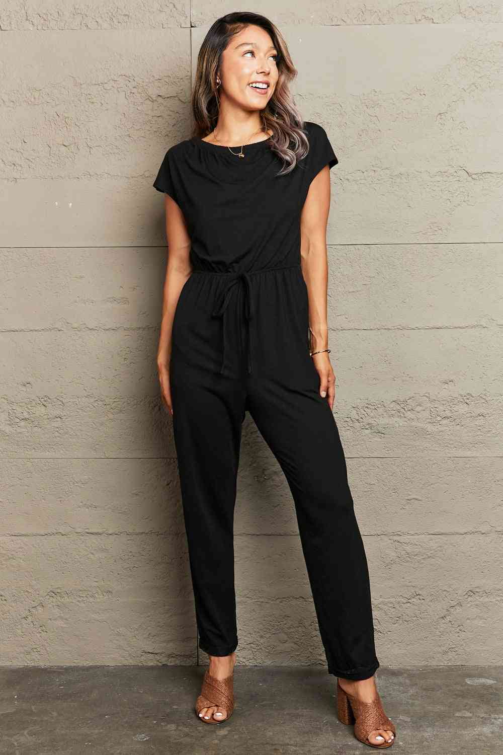 Boat Neck Short Sleeve Jumpsuit with Pockets  Krazy Heart Designs Boutique Black S 