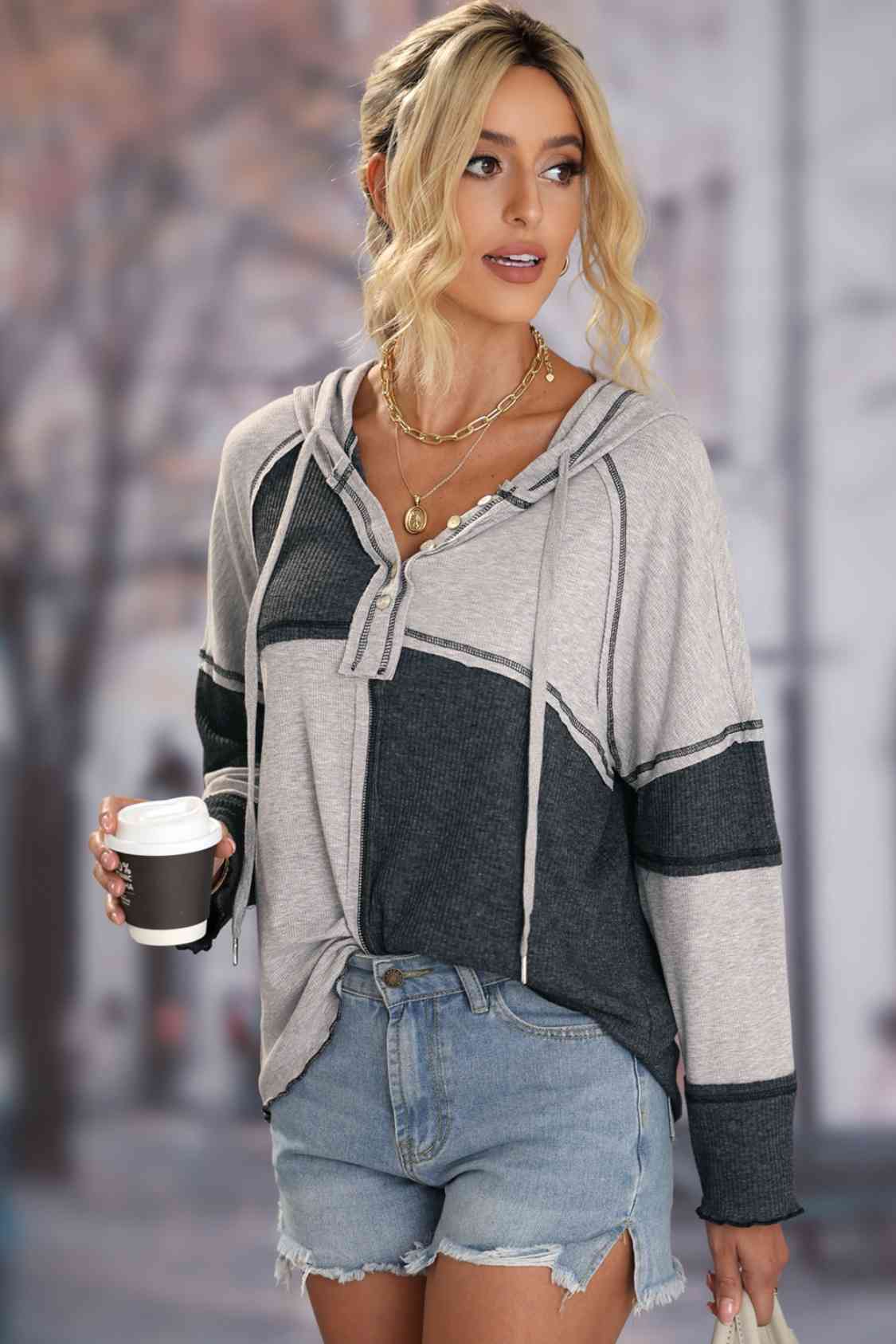 Exposed Seam Color Block Hoodie with Drawstring (2 Colors)  Krazy Heart Designs Boutique   