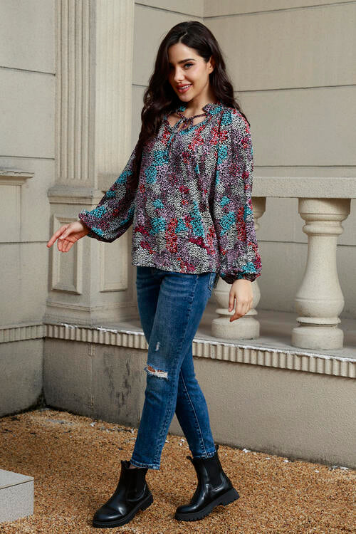 Tie Neck Baby Doll Heathered Balloon Sleeve Blouse Shirts & Tops Krazy Heart Designs Boutique   