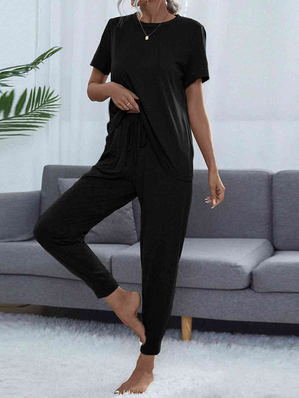 Round Neck Short Sleeve Top and Pants Lounge Set (5 Colors) Loungewear Krazy Heart Designs Boutique Black XS 