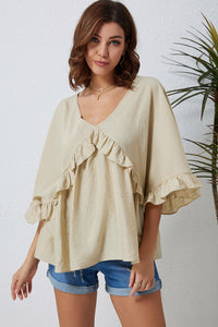 Double Take Ruffled V-Neck Half Sleeve Blouse  Krazy Heart Designs Boutique Beige S 