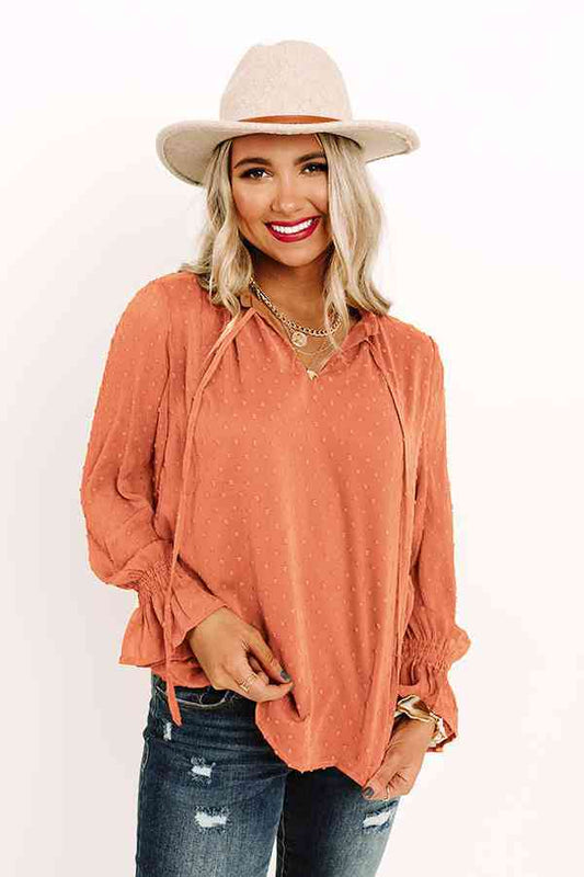 Swiss Dot Tie Neck Flounce Sleeve Blouse (2 Colors)  Krazy Heart Designs Boutique Orange S 