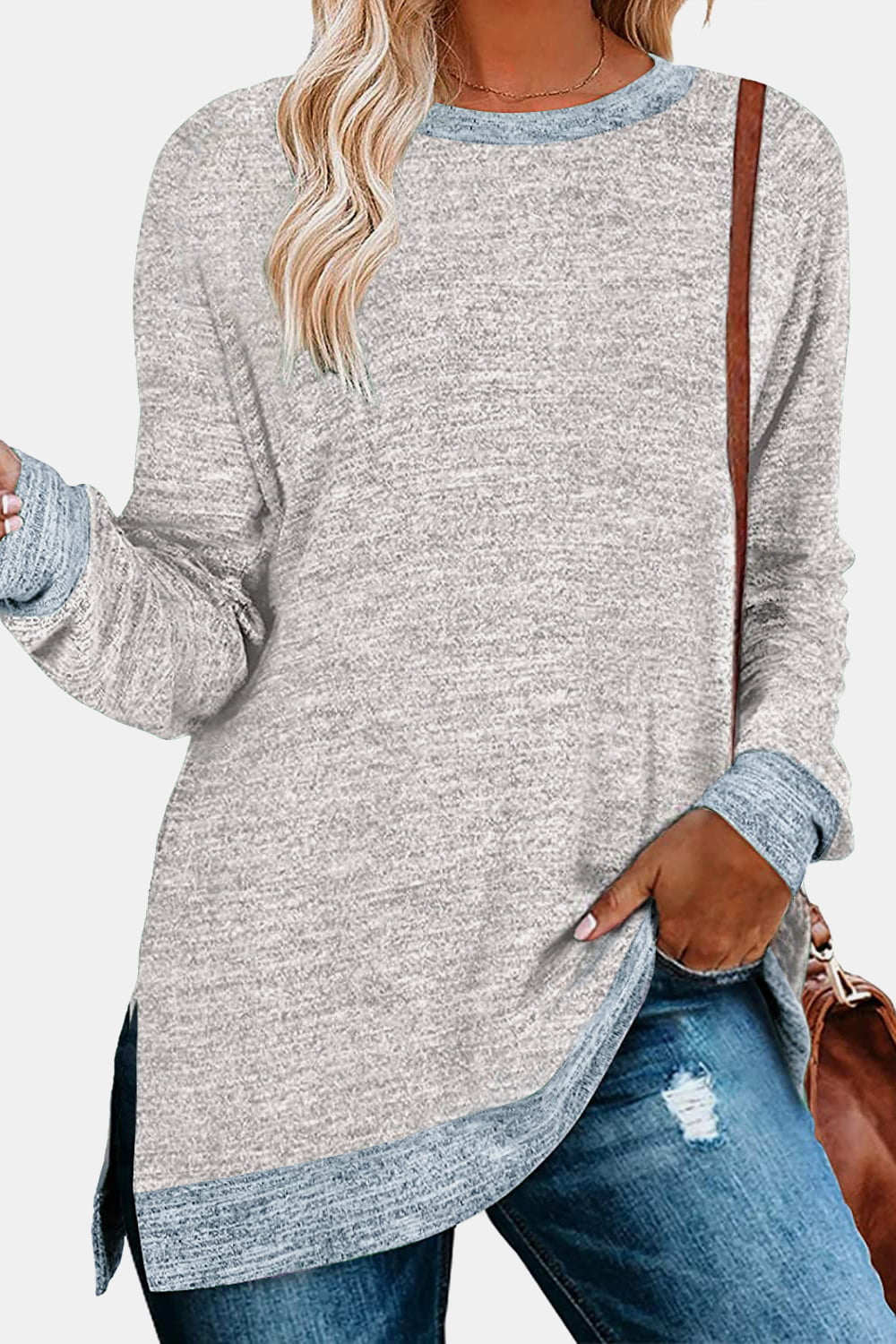 Round Neck Long Sleeve Slit T-Shirt (11 Colors)  Krazy Heart Designs Boutique Light Gray S 