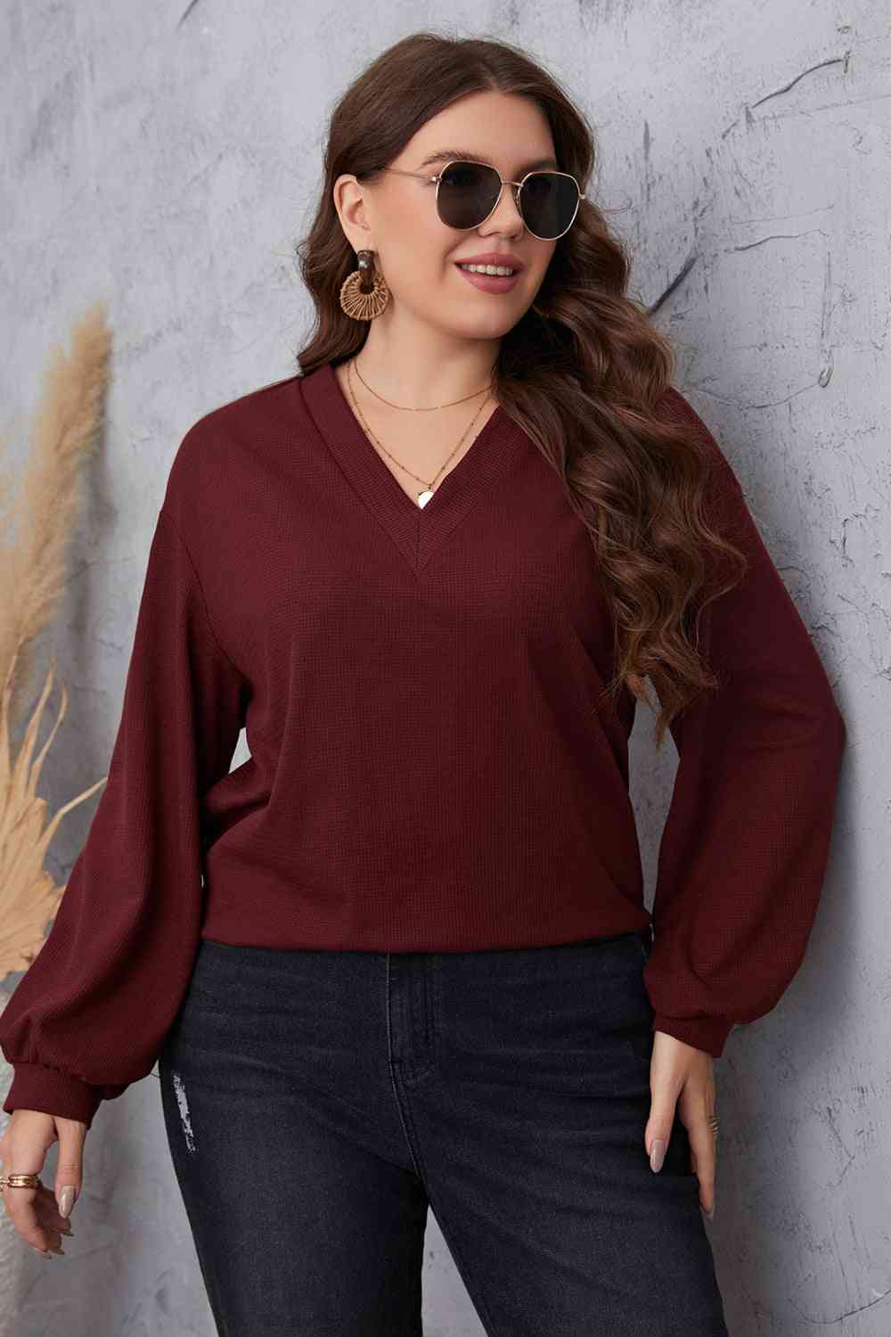 Melo Apparel Plus Size V-Neck Dropped Shoulder Blouse Shirts & Tops Krazy Heart Designs Boutique Wine 1XL 