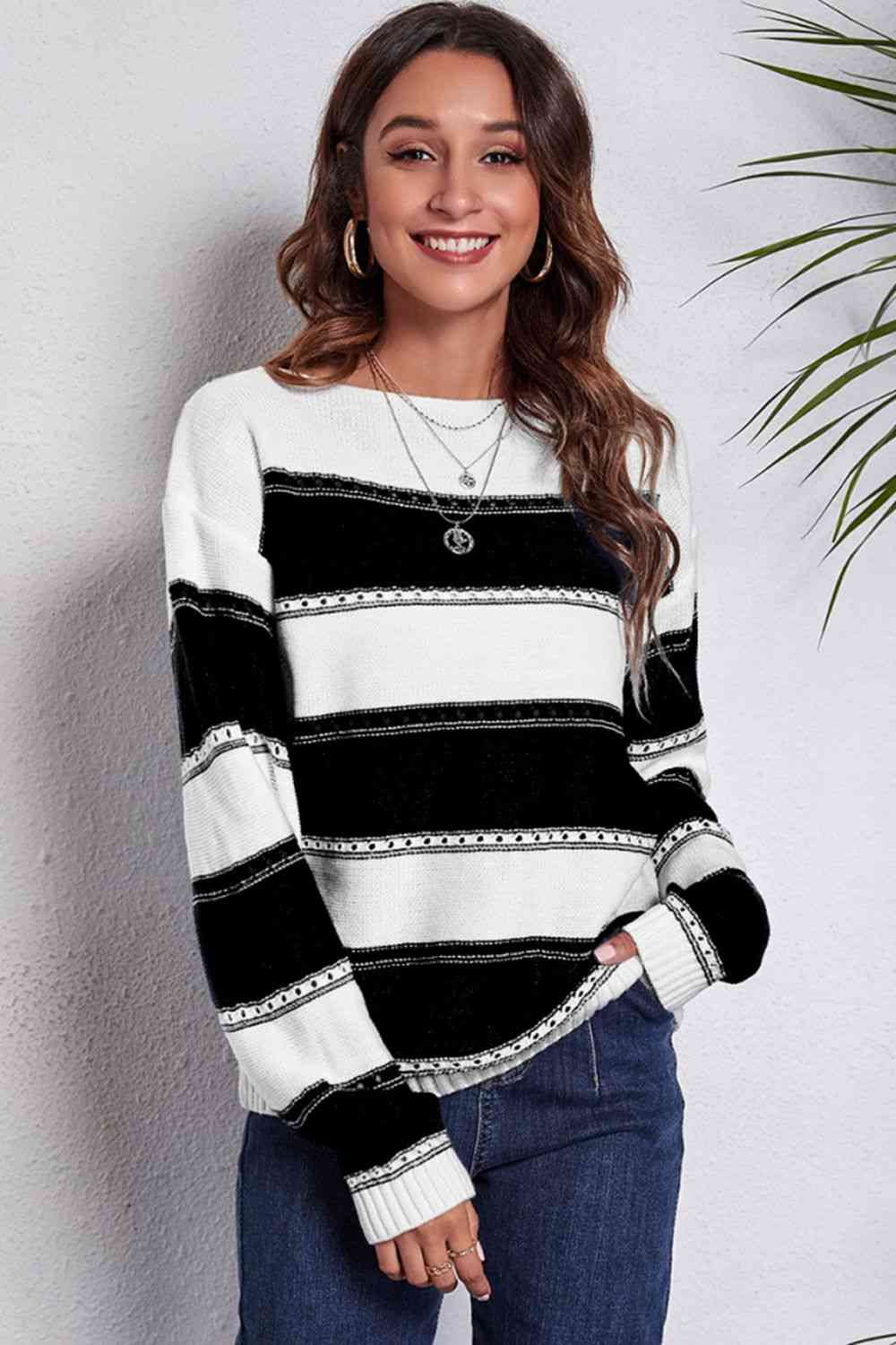 Striped Boat Neck Dropped Shoulder Sweater (4 Colors) Shirts & Tops Krazy Heart Designs Boutique Black S 