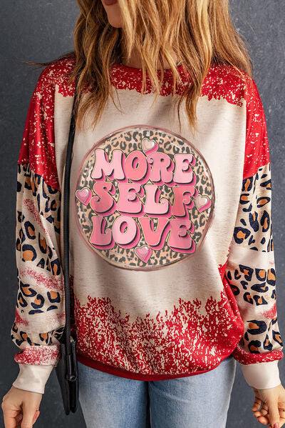 MORE SELF LOVE Leopard Print Round Neck Sweatshirt Shirts & Tops Krazy Heart Designs Boutique Deep Red S 
