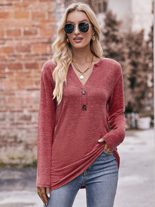 Double Take Buttoned Notched Neck Long Sleeve Top (6 Colors)  Krazy Heart Designs Boutique   