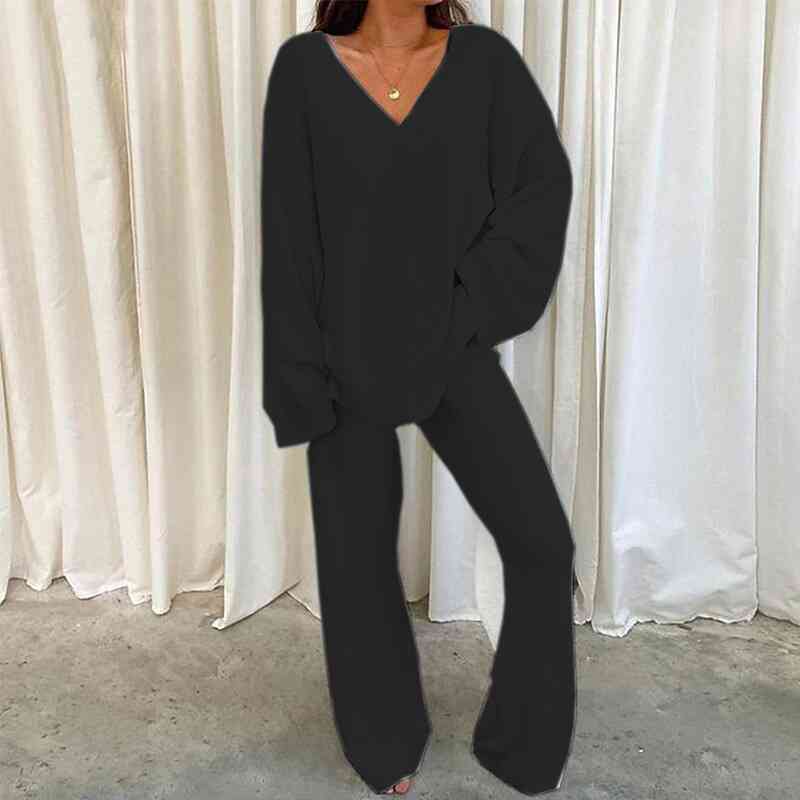 V-Neck Long Sleeve Top and Long Pants Set (5 Colors)  Krazy Heart Designs Boutique Black S 