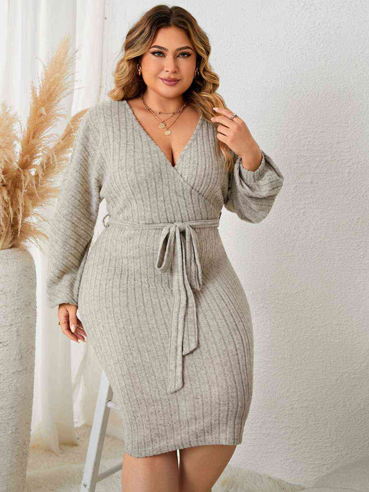 Plus Size Tie Waist Wrap Dress  Krazy Heart Designs Boutique Light Gray 1XL 