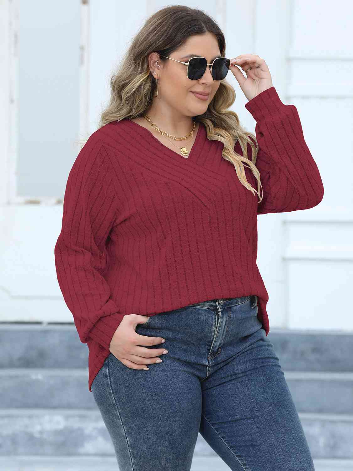 Plus Size Ribbed V-Neck Long Sleeve Top (4 Colors) Shirts & Tops Krazy Heart Designs Boutique   